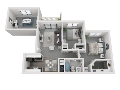 Floor plan for 2 beds, 1 bath, 975 sqft